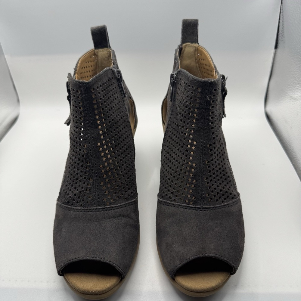 Earth Booties Ankle Cosmos Womens Size 6.5B Gray Suede Open Toe Wedge Zip Casual